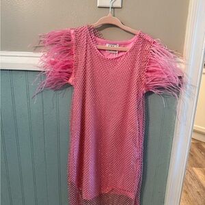 Lola + The Boys Pink Mesh Feather Dress